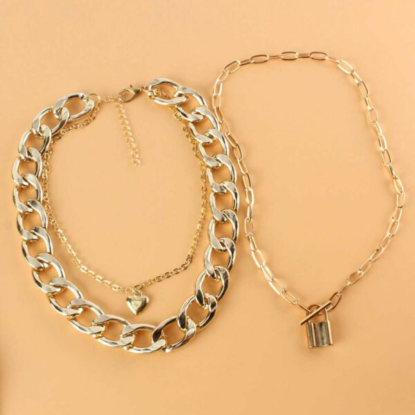 Multi Layer Lock and Heart Pendant Necklace